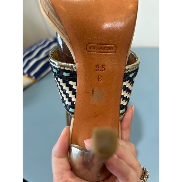 Coach Steffi stilettos size 9.5 navy white woven leather strappy high sandal - Picture 10 of 12